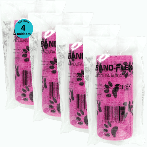 Atadura 10cm Rosa Com Patinhas Band-Flex Autoadesiva Para Animais Farex Kit Com 4